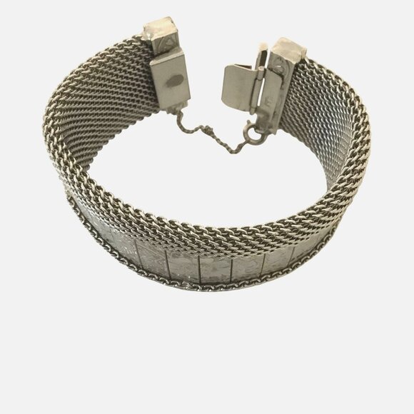 HOBE VTG Signed Wide Floral Etched Mesh Bracelet Silver Tone Statement Art Deco - Picture 4 of 11